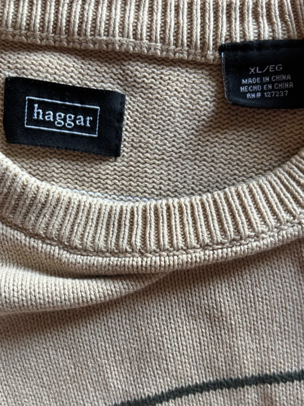 Haggar Men Striped Crewneck Sweater XL Tan Beige Multi Stripe Pullover Preppy
